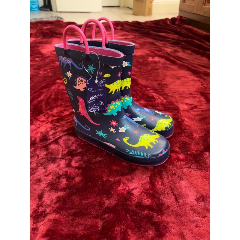 Kids Navy Blue Dinosaur Print Rubber Rain Boots with Easy-Pull Handles NEW